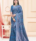 Sangam Prints Blue Satin Silk Woven Work Festival Saree