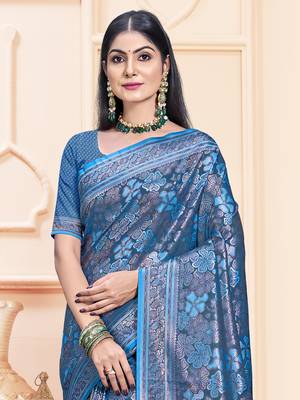 Sangam Prints Blue Satin Silk Woven Work Festival Saree 2