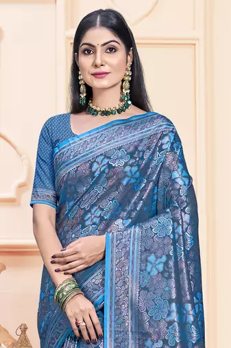 Sangam Prints Blue Satin Silk Woven Work Festival Saree