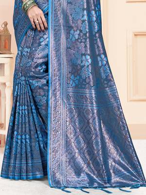 Sangam Prints Blue Satin Silk Woven Work Festival Saree 3