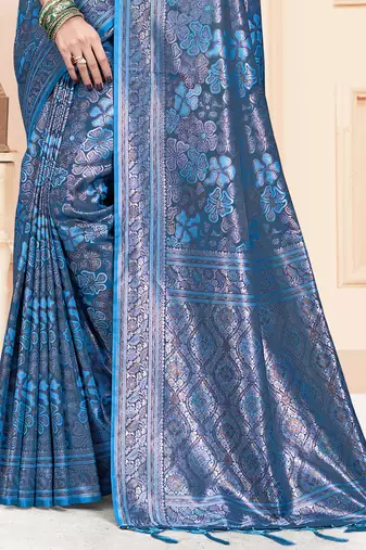Sangam Prints Blue Satin Silk Woven Work Festival Saree