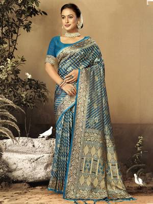 Sangam Prints Blue Satin Silk Woven Work Festival Saree 1