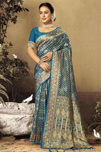 Sangam Prints Blue Satin Silk Woven Work Festival Saree
