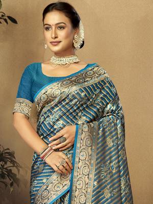 Sangam Prints Blue Satin Silk Woven Work Festival Saree 2