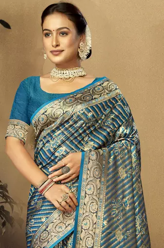 Sangam Prints Blue Satin Silk Woven Work Festival Saree