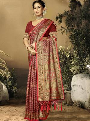 Sangam Prints Red Satin Silk Woven Work Festival Saree 1