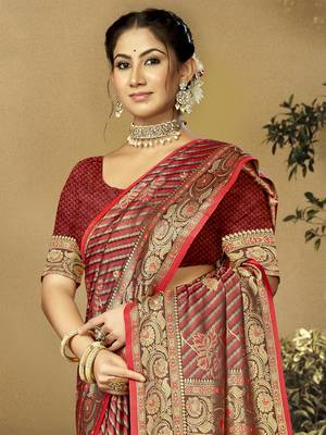 Sangam Prints Red Satin Silk Woven Work Festival Saree 2