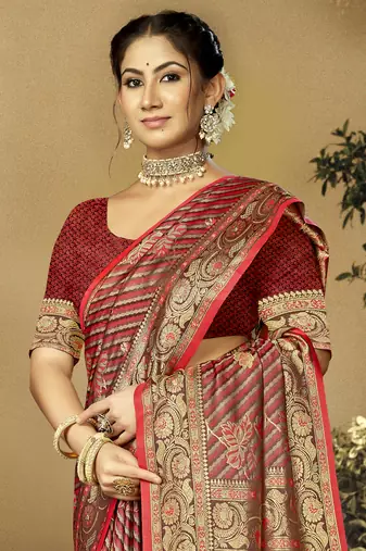 Sangam Prints Red Satin Silk Woven Work Festival Saree