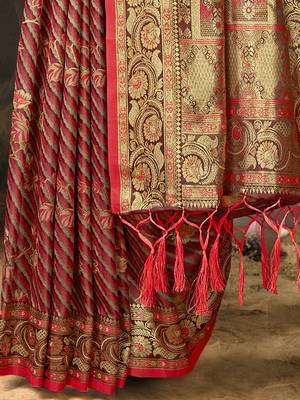 Sangam Prints Red Satin Silk Woven Work Festival Saree 3