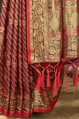 Sangam Prints Red Satin Silk Woven Work Festival Saree