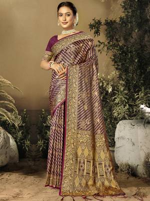 Sangam Prints Wine Satin Silk Woven Work Festival Saree 1