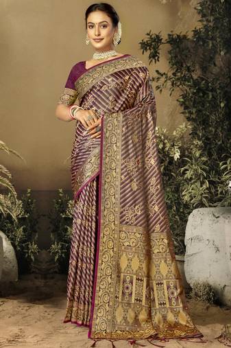 Sangam Prints Wine Satin Silk Woven Work Festival Saree