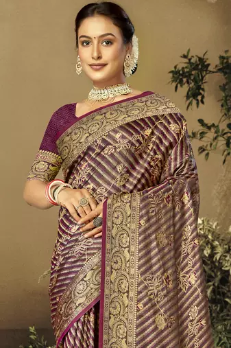 Sangam Prints Wine Satin Silk Woven Work Festival Saree