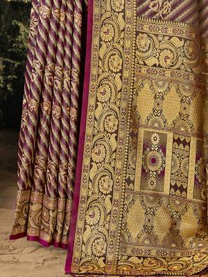 Sangam Prints Wine Satin Silk Woven Work Festival Saree 3