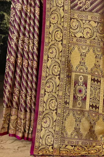 Sangam Prints Wine Satin Silk Woven Work Festival Saree