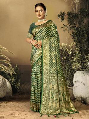 Sangam Prints Green Satin Silk Woven Work Festival Saree 1