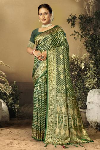 Sangam Prints Green Satin Silk Woven Work Festival Saree