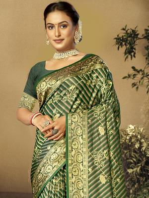 Sangam Prints Green Satin Silk Woven Work Festival Saree 2