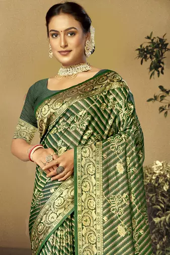 Sangam Prints Green Satin Silk Woven Work Festival Saree