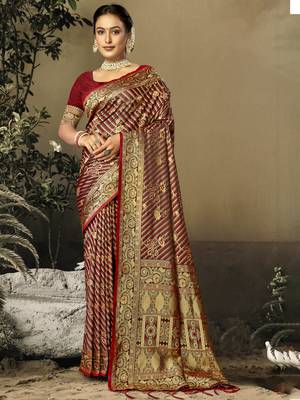 Sangam Prints Maroon Satin Silk Woven Work Festival Saree 1