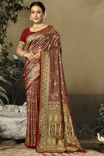 Sangam Prints Maroon Satin Silk Woven Work Festival Saree
