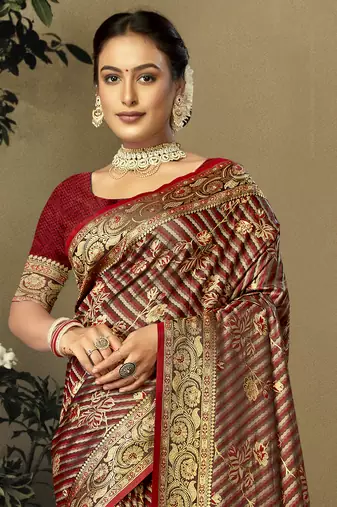 Sangam Prints Maroon Satin Silk Woven Work Festival Saree