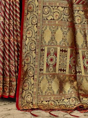 Sangam Prints Maroon Satin Silk Woven Work Festival Saree 3