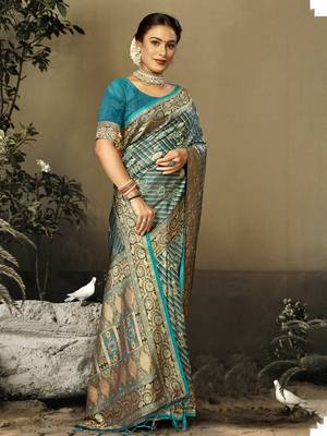 Sangam Prints Sky Blue Satin Silk Woven Work Festival Saree 1