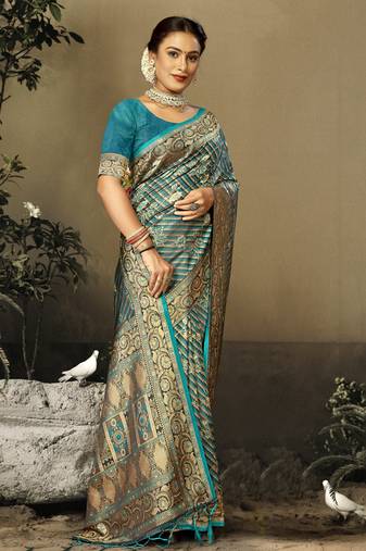 Sangam Prints Sky Blue Satin Silk Woven Work Festival Saree