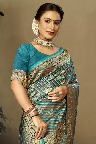 Sangam Prints Sky Blue Satin Silk Woven Work Festival Saree