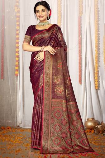 Sangam Prints Wine Satin Silk Woven Work Festival Saree