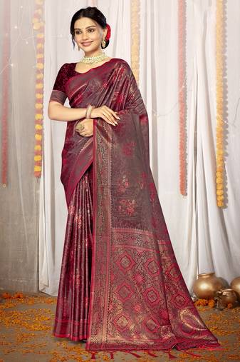 Sangam Prints Magenta Satin Silk Woven Work Festival Saree