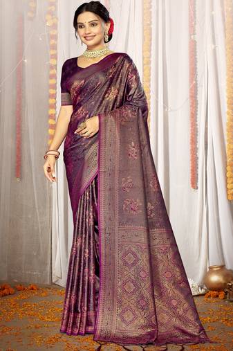 Sangam Prints Purple Satin Silk Woven Work Festival Saree