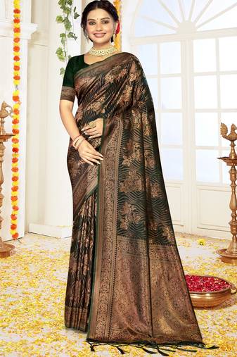 Sangam Prints Green Satin Silk Woven Work Festival Saree