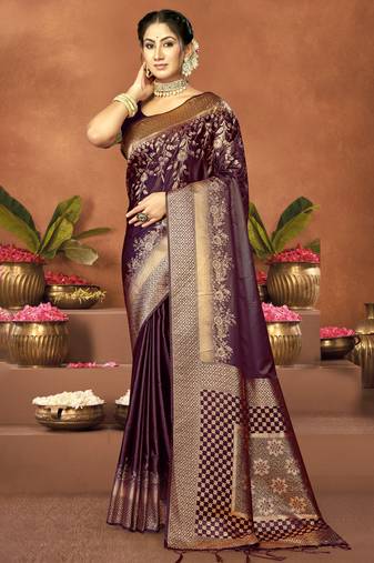 Sangam prints purple satin silk woven work festival saree