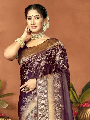 Sangam prints purple satin silk woven work festival saree 2