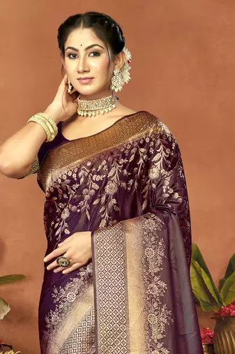 Sangam prints purple satin silk woven work festival saree