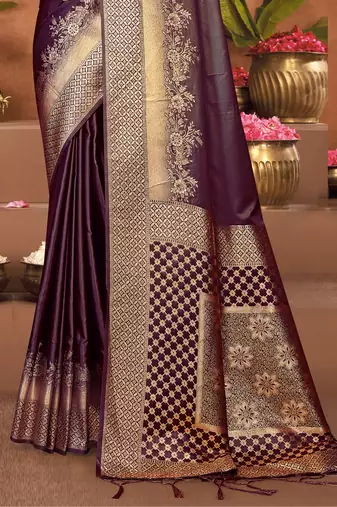 Sangam prints purple satin silk woven work festival saree