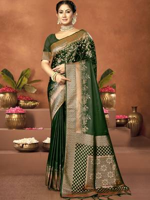 Sangam prints green satin silk woven work festival saree 1