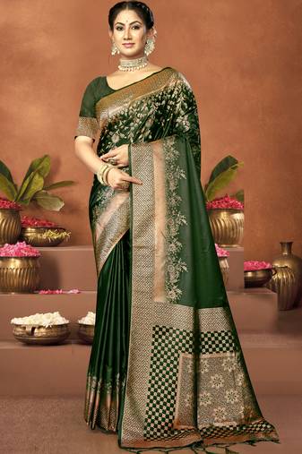 Sangam prints green satin silk woven work festival saree