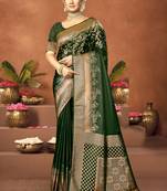 Sangam prints green satin silk woven work festival saree