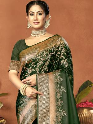 Sangam prints green satin silk woven work festival saree 2