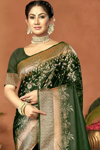 Sangam prints green satin silk woven work festival saree