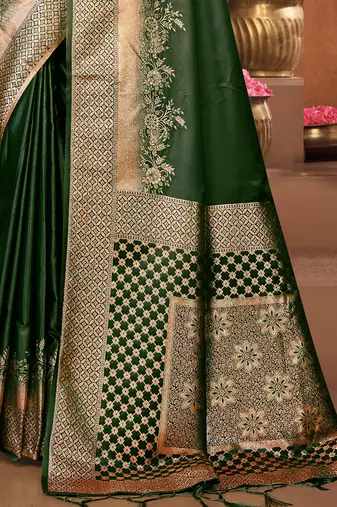 Sangam prints green satin silk woven work festival saree