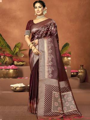 Sangam prints brown satin silk woven work festival saree 1
