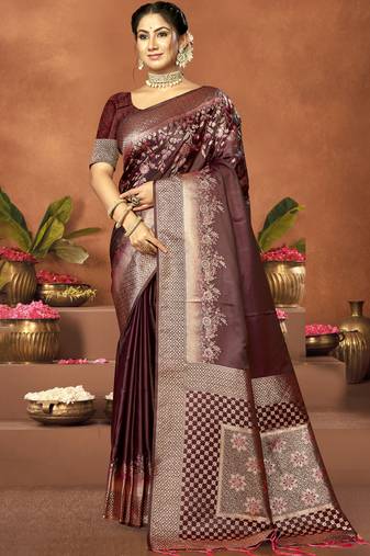 Sangam prints brown satin silk woven work festival saree
