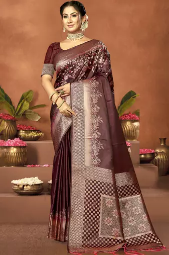 Sangam prints brown satin silk woven work festival saree