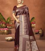 Sangam prints brown satin silk woven work festival saree