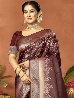 Sangam prints brown satin silk woven work festival saree 2