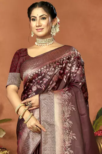 Sangam prints brown satin silk woven work festival saree